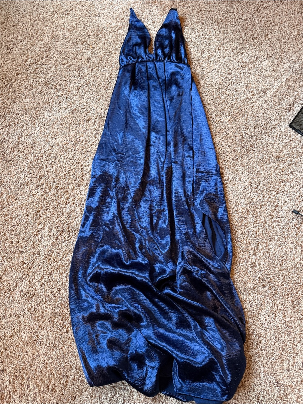 Satin Navy Blue V-Neck Maxi Dress